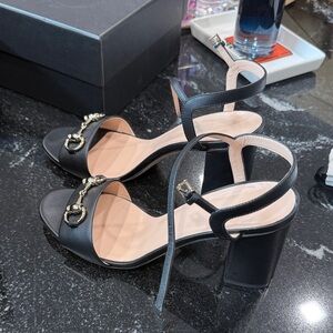 Gucci Black Leather Block Heel Sandals with Gold Horsebit